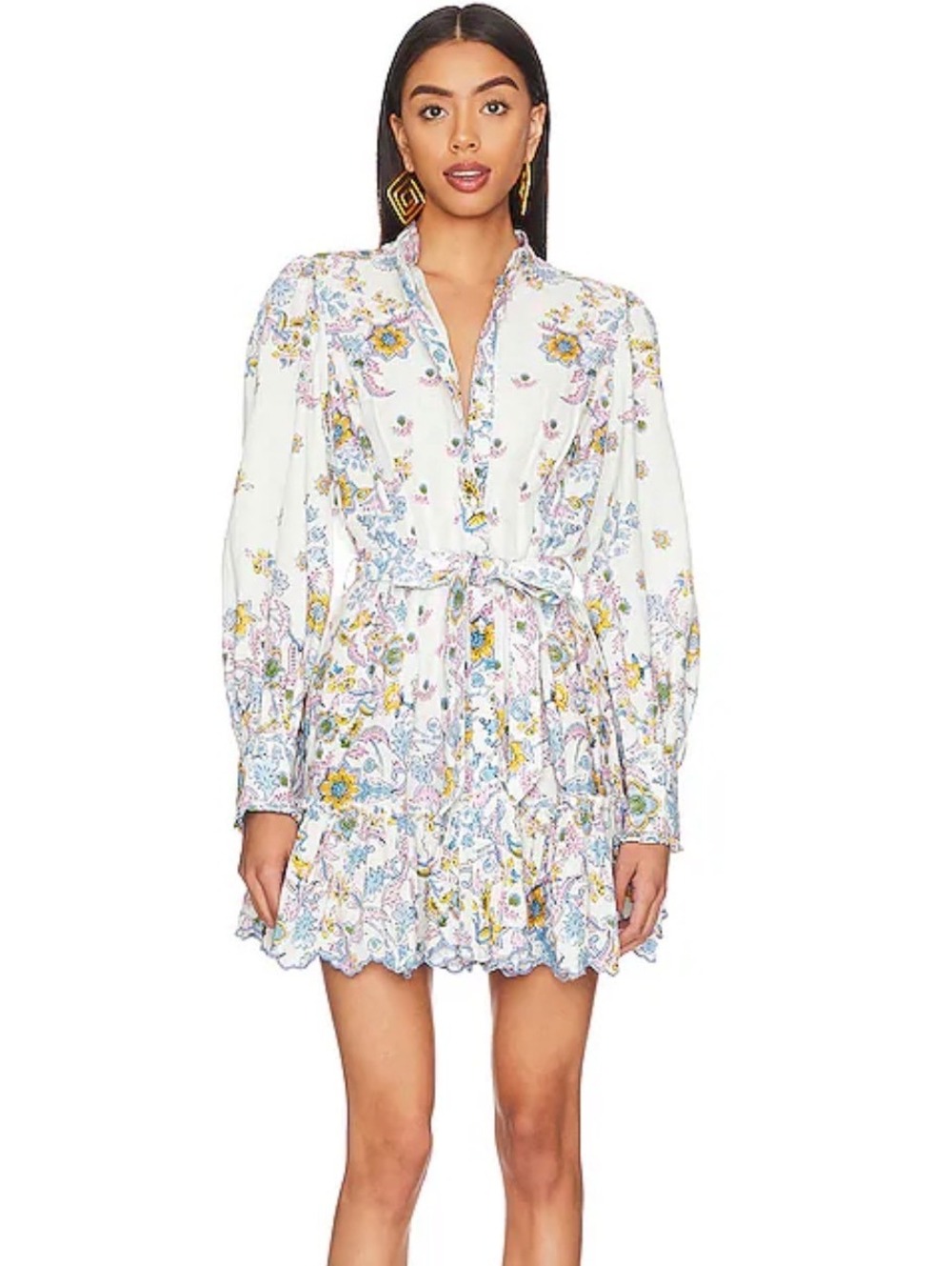 Hemant & Nandita Womens White Floral Short Dress Size S Cotton Linen Long Sleeve